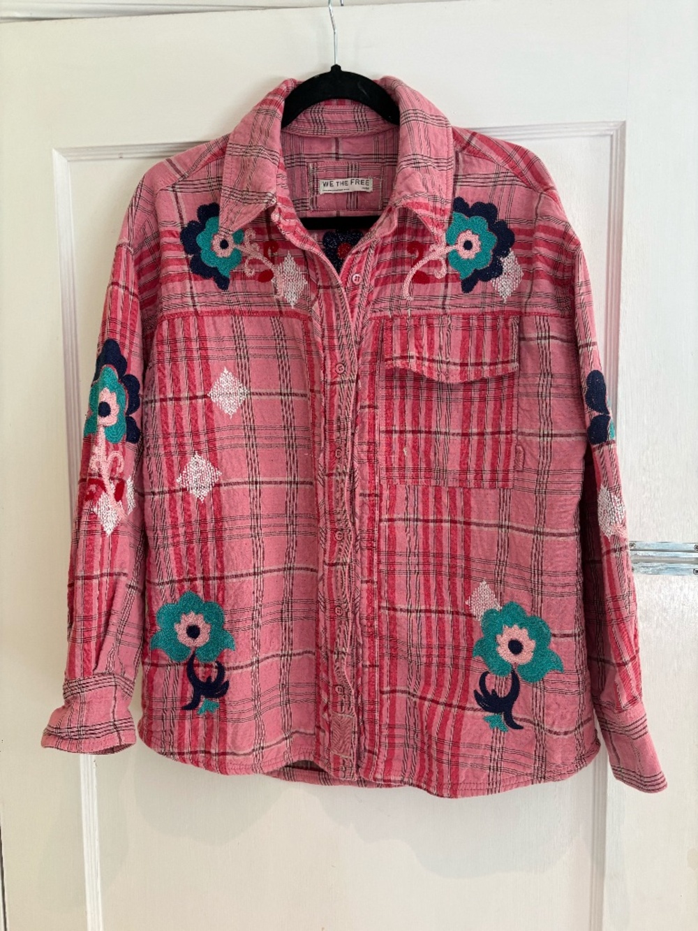 NWOT Free People Pink Plaid Floral Embroidered Button Down Shirt size M